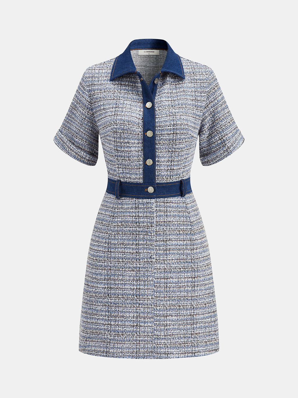 Denim and Tweed Mini Dress with Shirt Panels