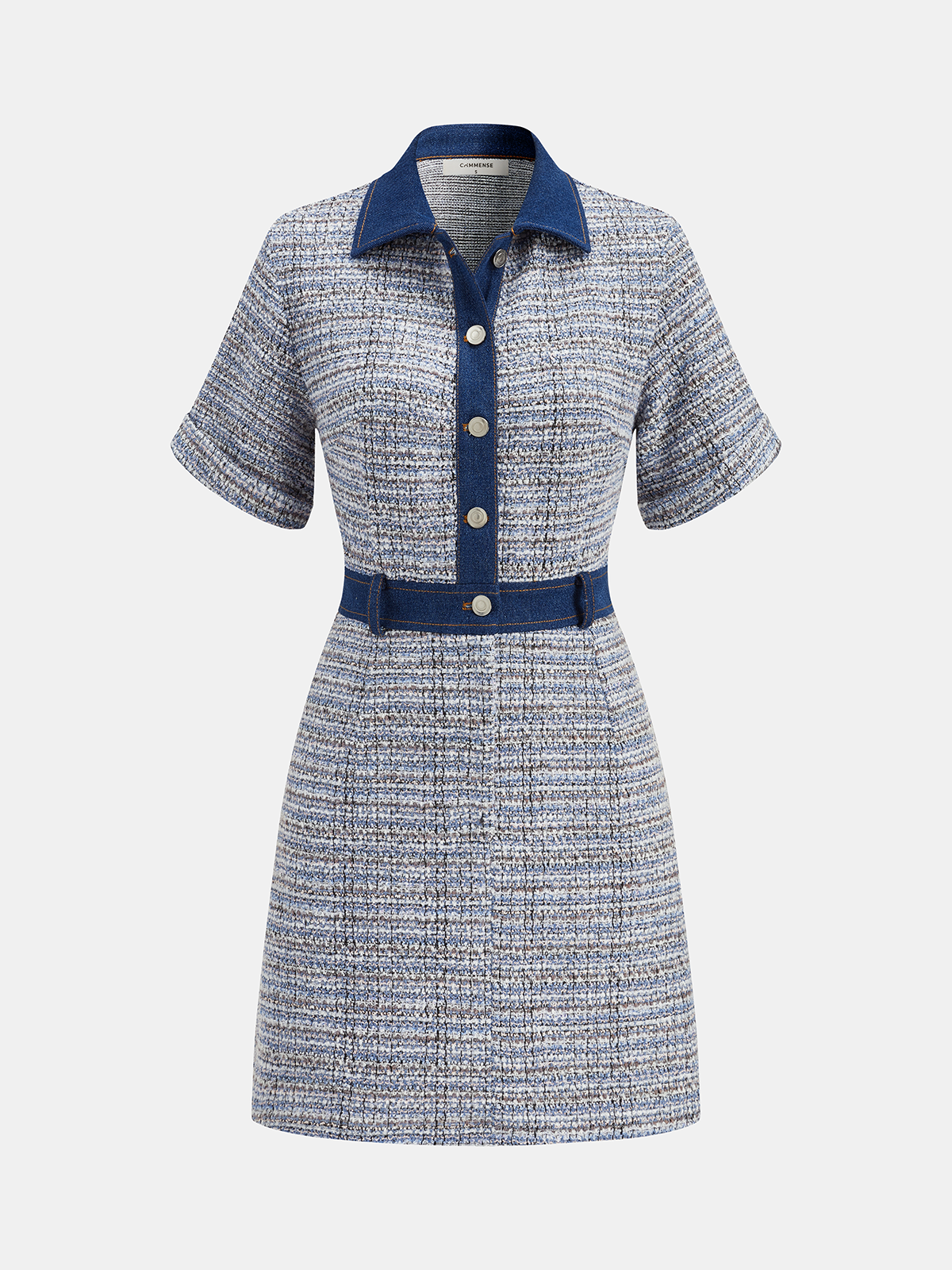 Denim and Tweed Mini Dress with Shirt Panels