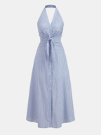 Cotton Stripe Halter Maxi Dress with Tie Waist