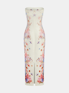 Strapless Maxi Dress with Floral and Bird Patterns