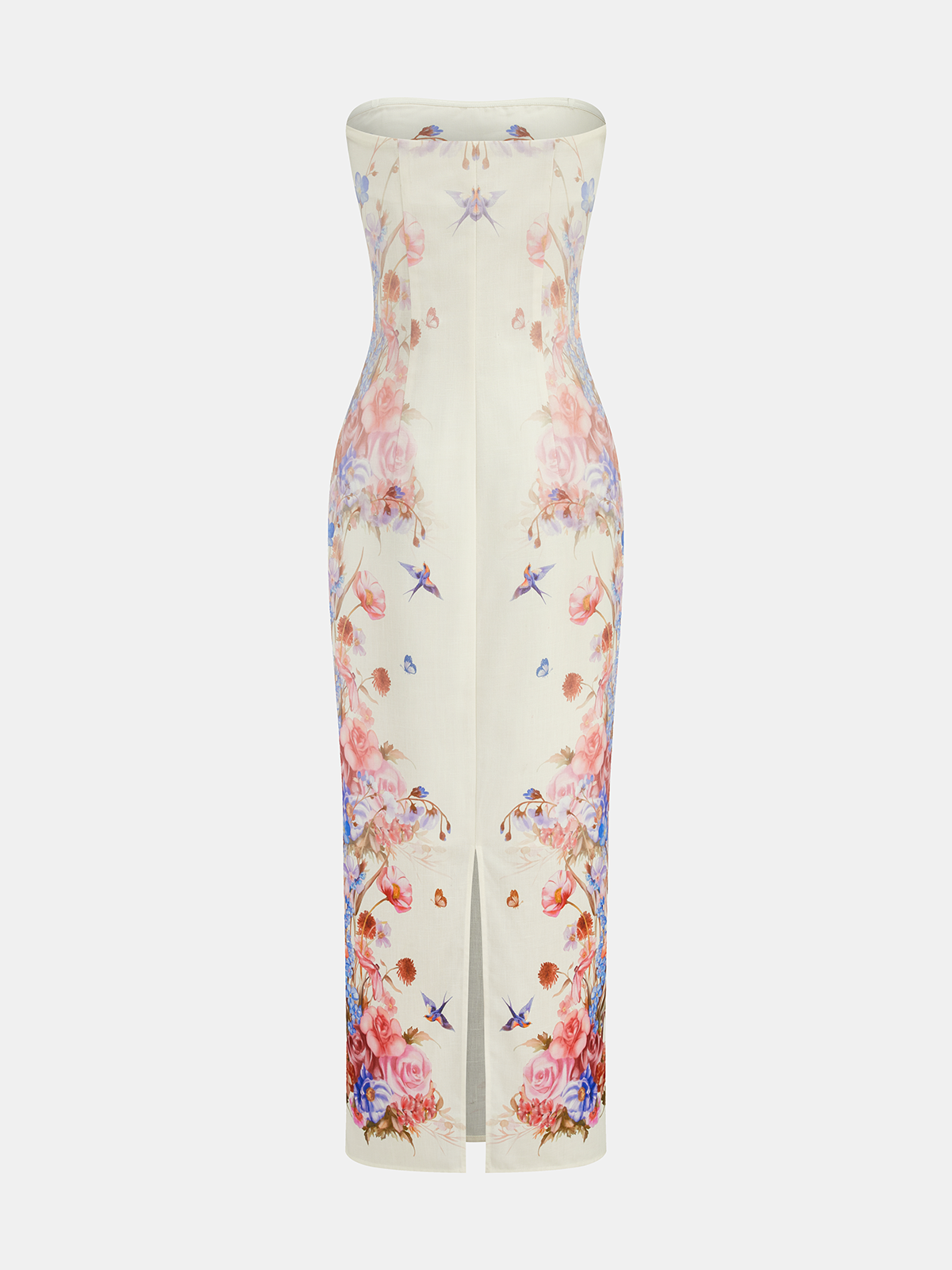Strapless Maxi Dress with Floral and Bird Patterns