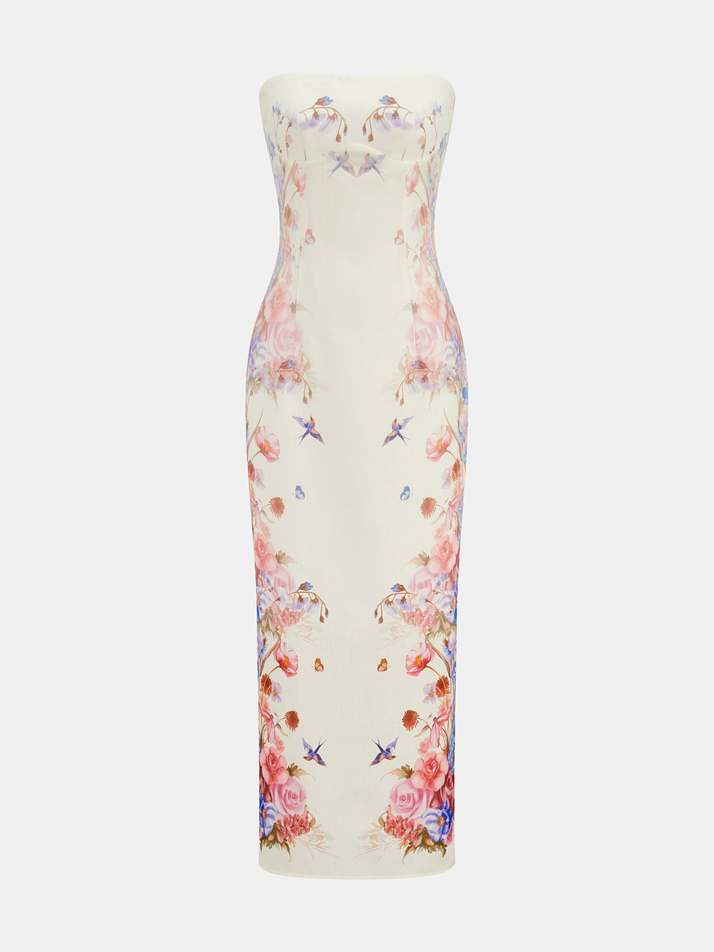 Strapless Maxi Dress with Floral and Bird Patterns
