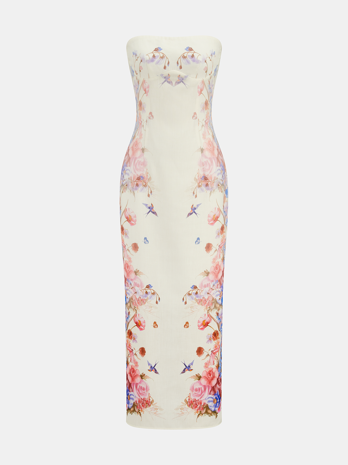 Strapless Maxi Dress with Floral and Bird Patterns
