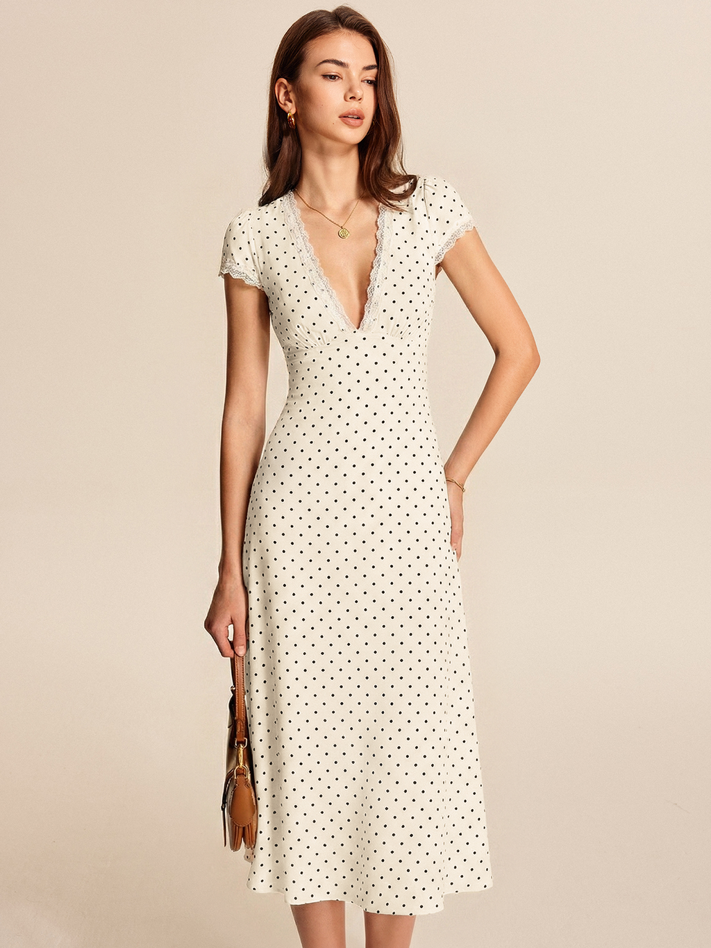 Polka Dot Dress with Lace Trim Midi-Length