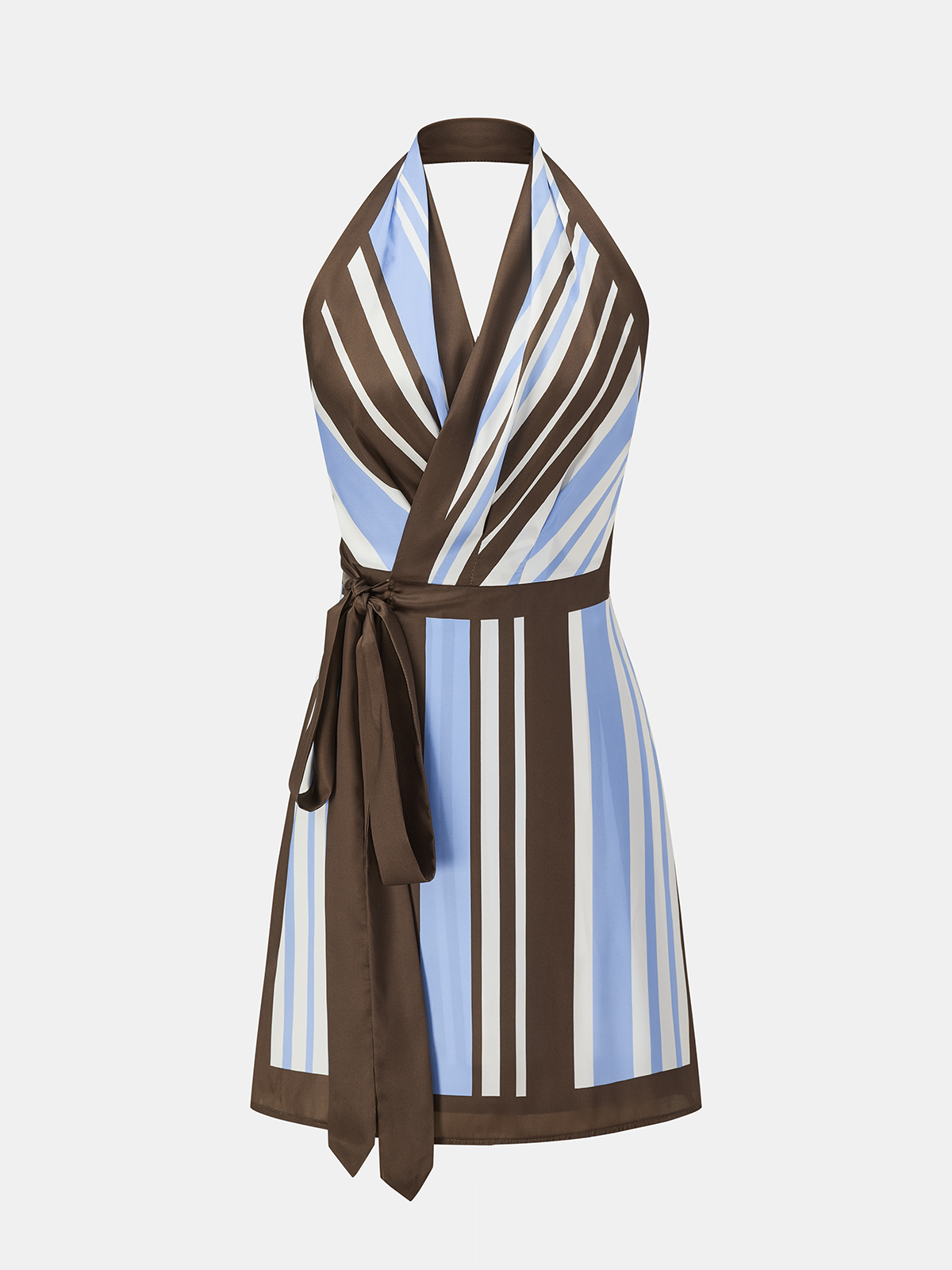 Striped Satin Halter Wrap Mini Dress