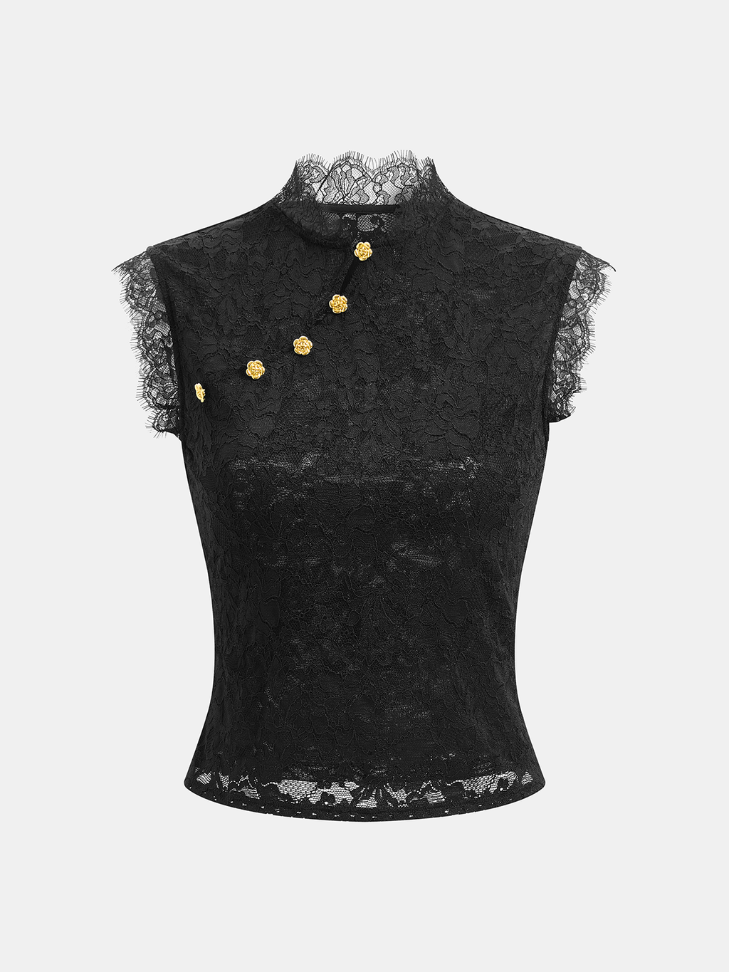 Floral Lace Top with Mandarin Collar Button Detail