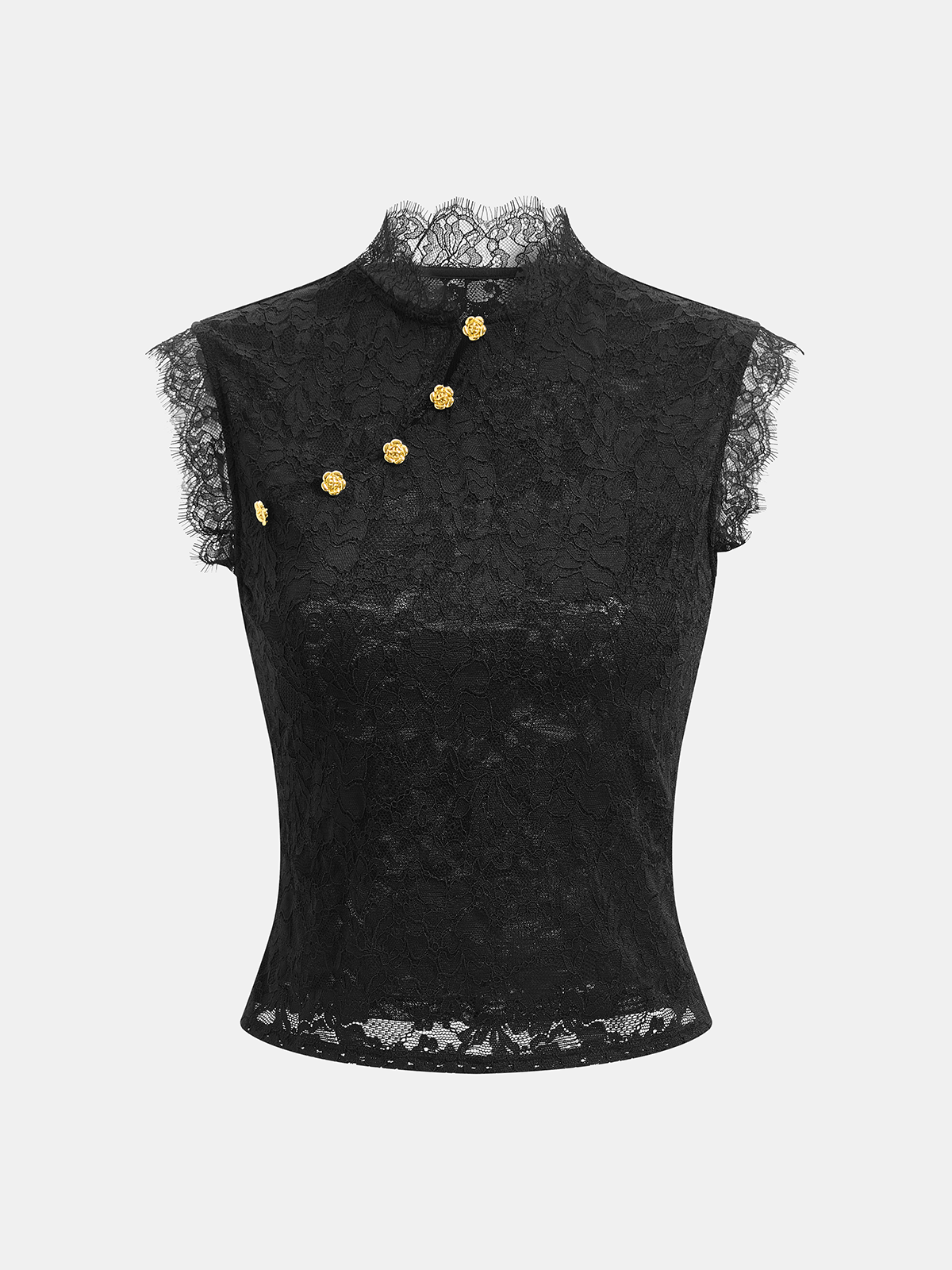 Floral Lace Top with Mandarin Collar Button Detail