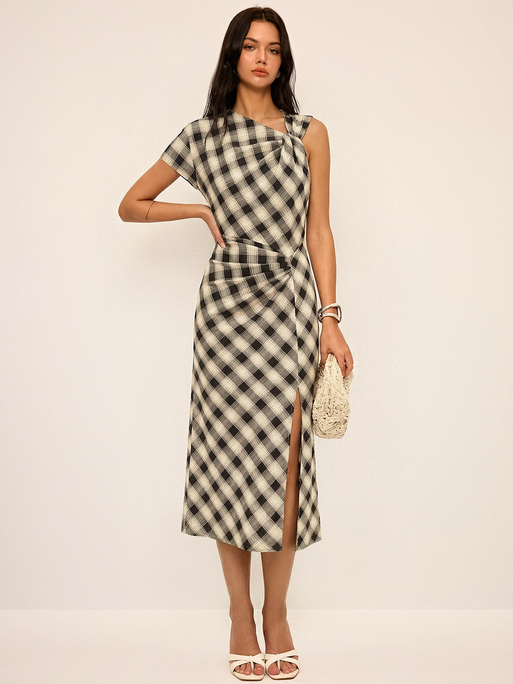 Plaid Maxi Dress with Asymmetric Slit Design
