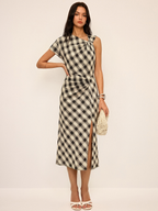 Plaid Maxi Dress with Asymmetric Slit Design