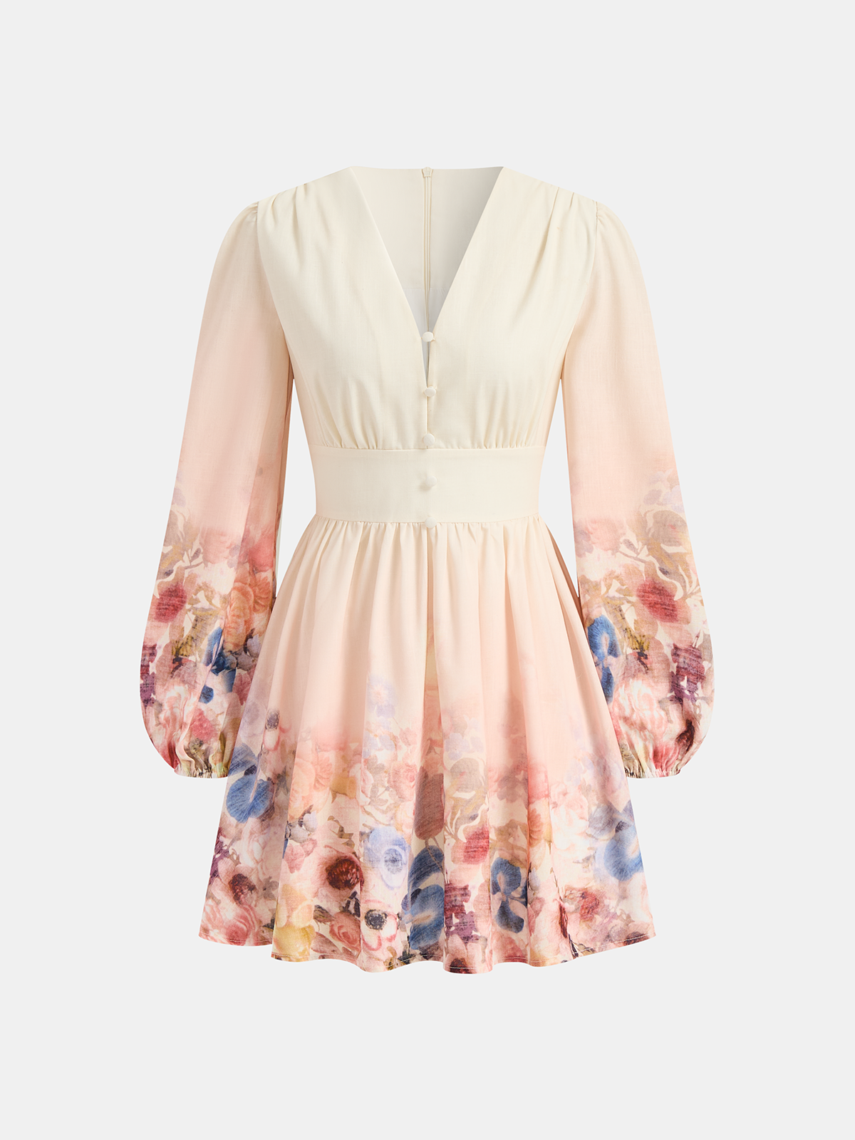 Floral V-Neck Mini Dress with Long Sleeves
