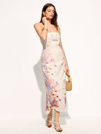 Strapless Maxi Dress with Floral and Bird Patterns