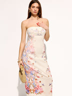 Strapless Maxi Dress with Floral and Bird Patterns