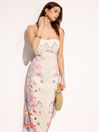 Strapless Maxi Dress with Floral and Bird Patterns