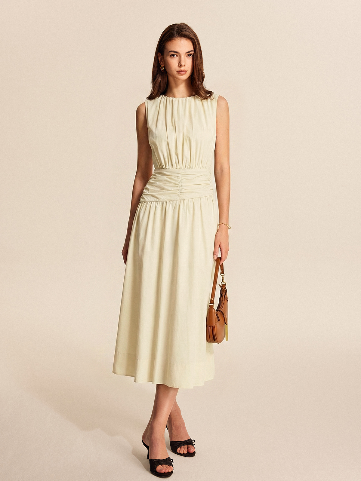 Sleeveless Midi Dress with Ruched Waist Detail