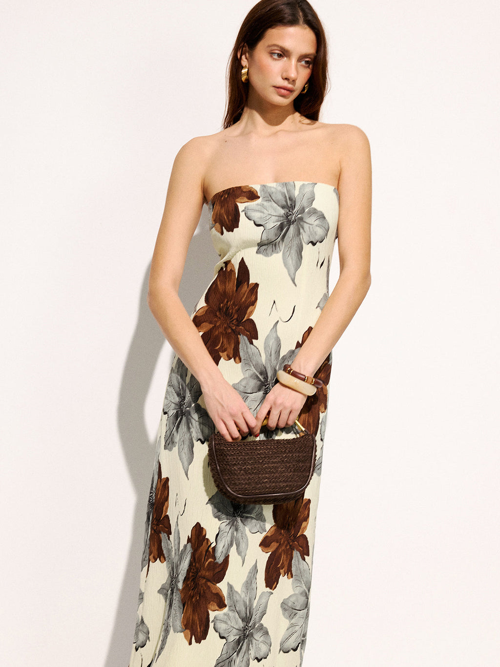 Strapless Maxi Dress with Elegant Floral Design