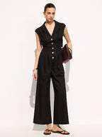 Linen Blend Wide Leg Sleeveless Lapel Jumpsuit