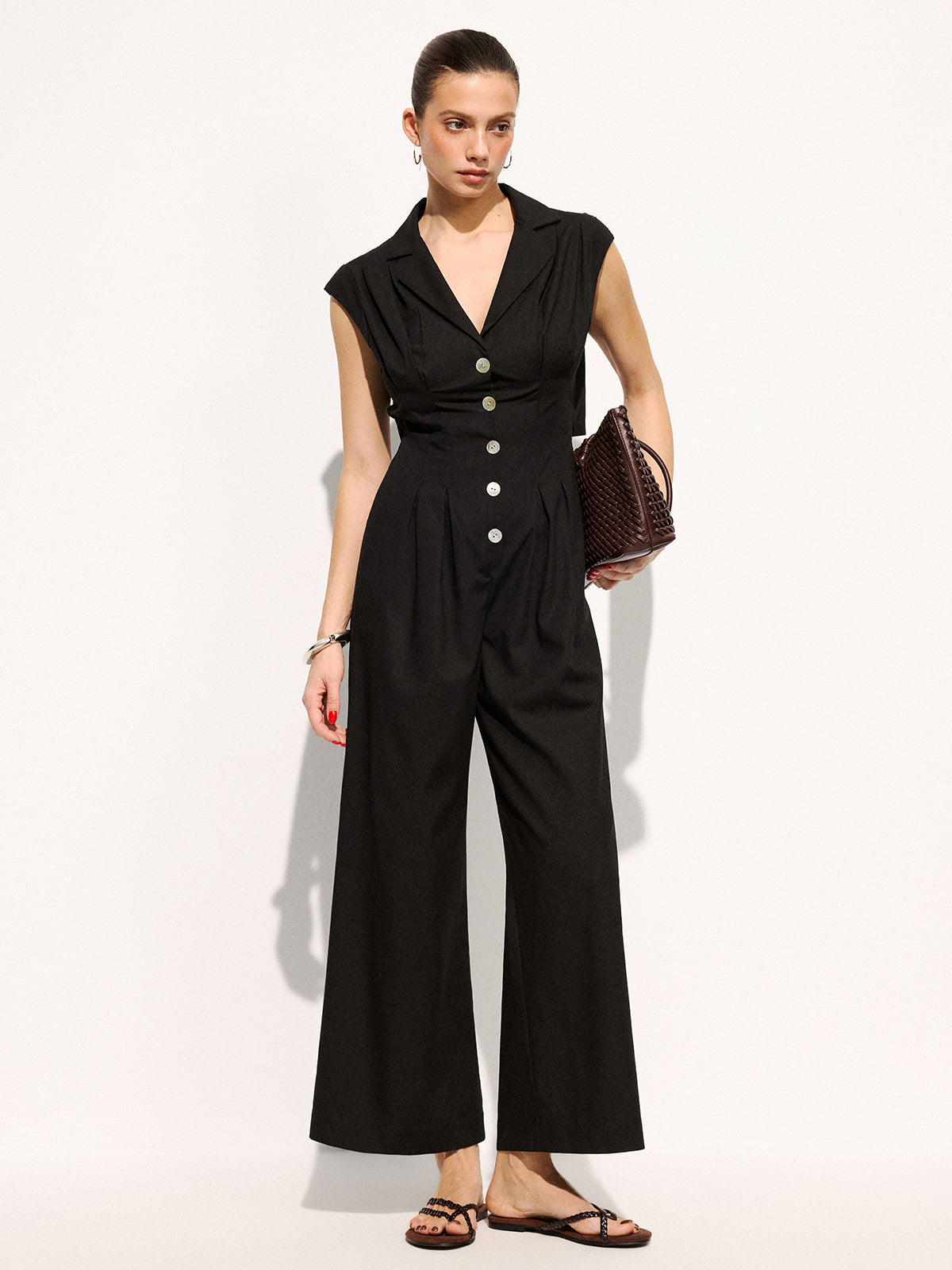 Linen Blend Wide Leg Sleeveless Lapel Jumpsuit