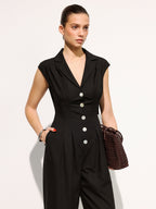 Linen Blend Wide Leg Sleeveless Lapel Jumpsuit