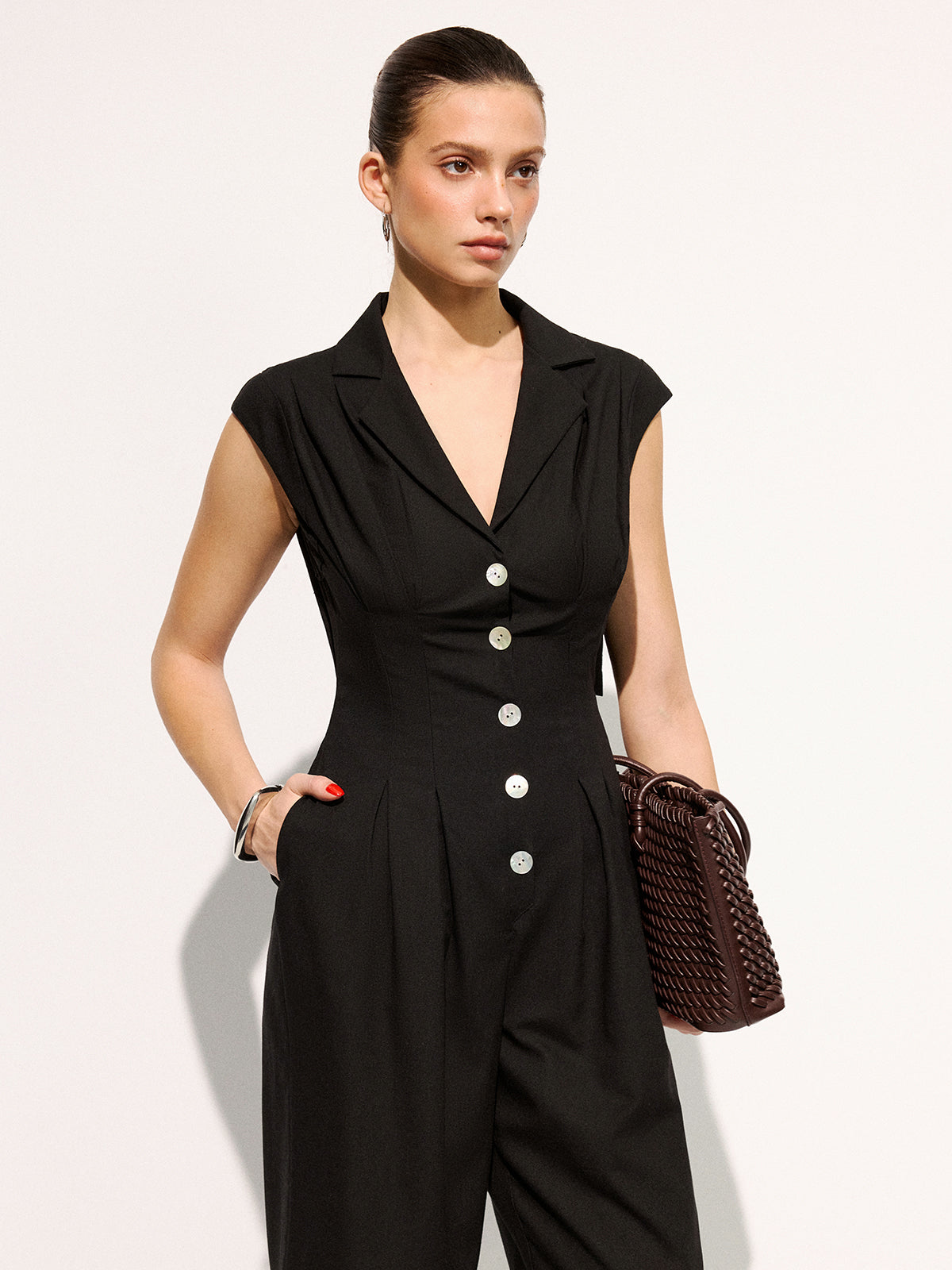 Linen Blend Wide Leg Sleeveless Lapel Jumpsuit