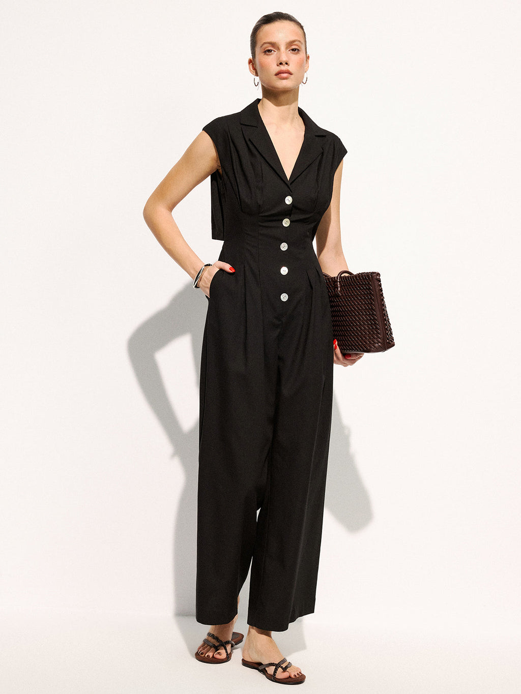 Linen Blend Wide Leg Sleeveless Lapel Jumpsuit