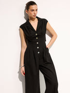 Linen Blend Wide Leg Sleeveless Lapel Jumpsuit