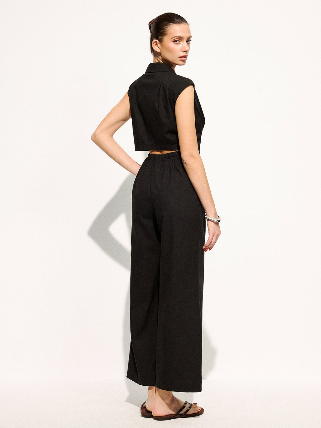 Linen Blend Wide Leg Sleeveless Lapel Jumpsuit