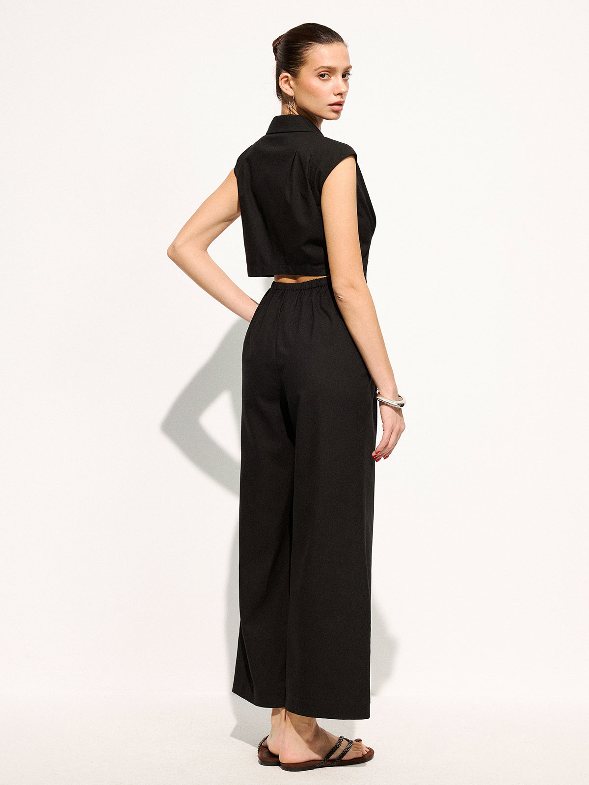 Linen Blend Wide Leg Sleeveless Lapel Jumpsuit