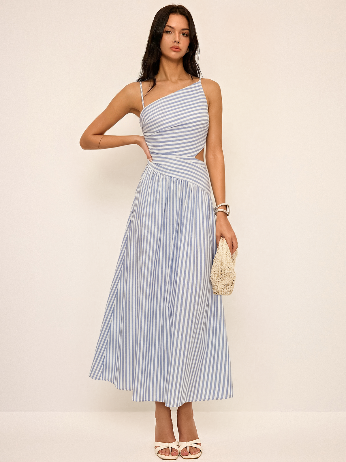 Striped Asymmetric Cami Dress with Cut-Out Detail