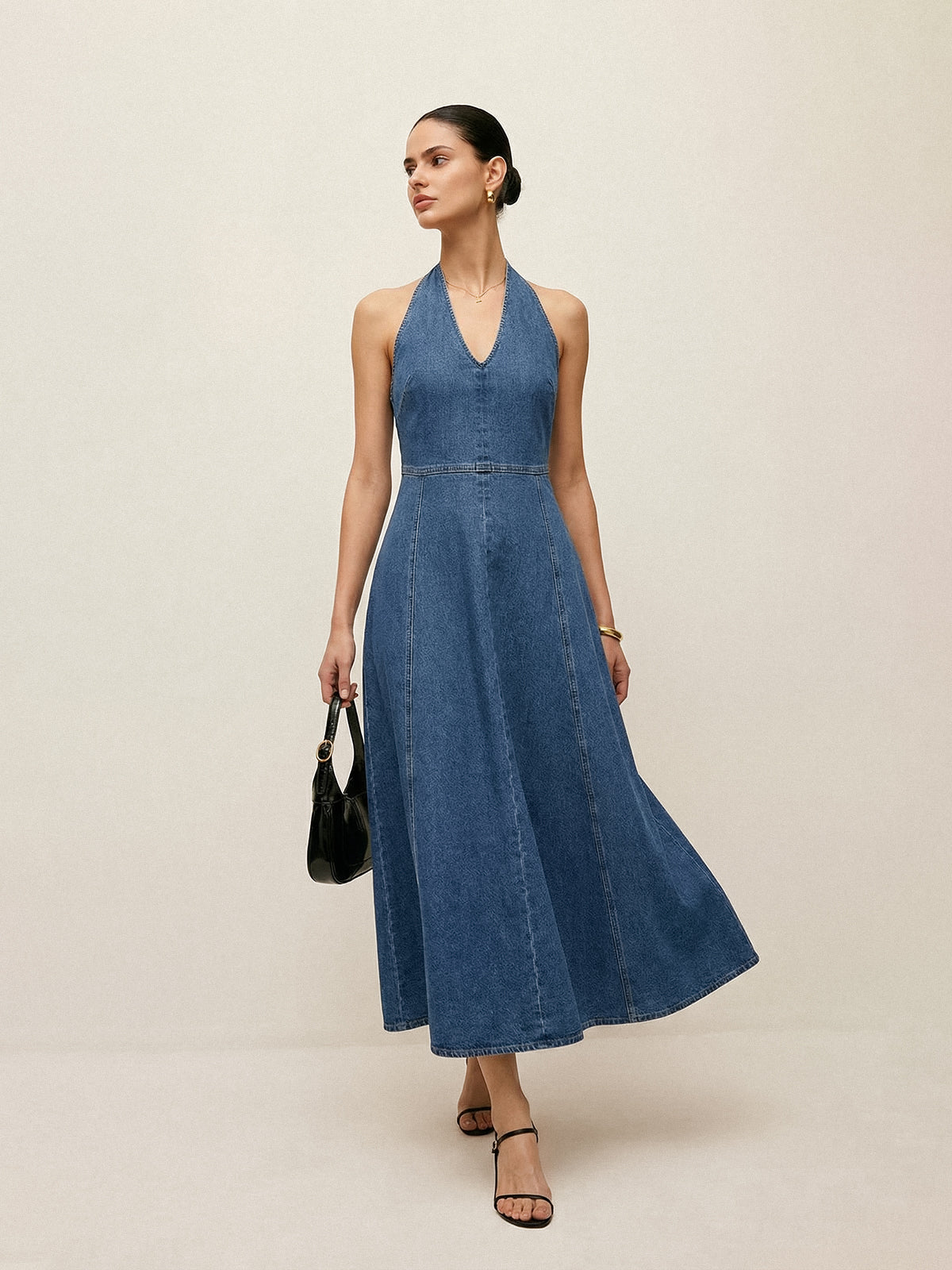 Backless Denim Midi Dress with Halter Neckline