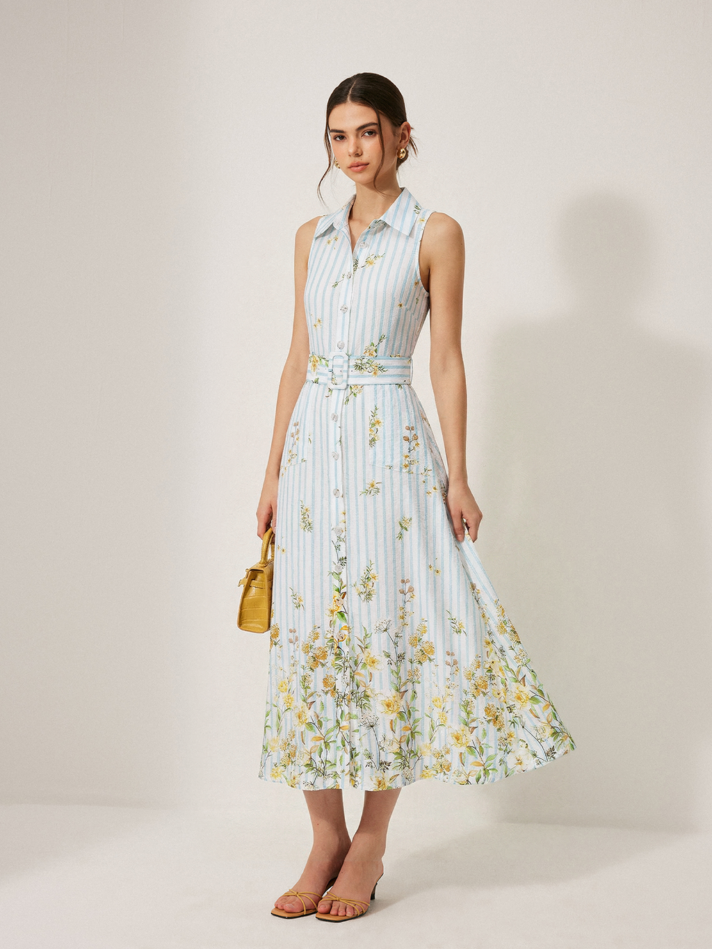 Striped Sleeveless Midi Dress with Floral Pattern and Belt