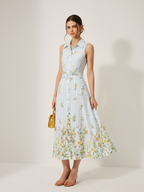 Striped Sleeveless Midi Dress with Floral Pattern and Belt