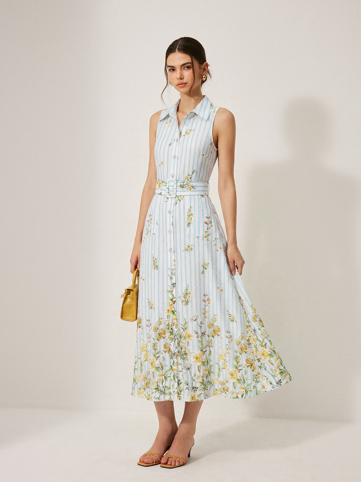 Striped Sleeveless Midi Dress with Floral Pattern and Belt