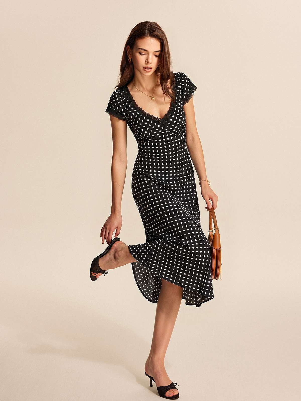 Charming V-Neck Maxi Dress with Polka Dot Lace