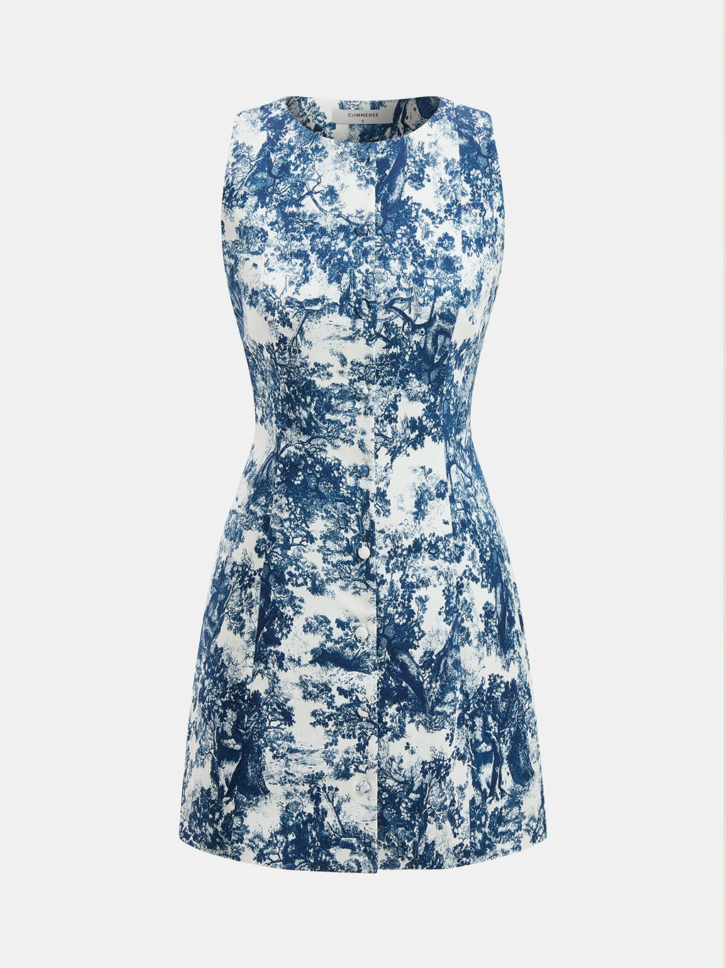 Toile Print Sleeveless Dress with Front Buttons
