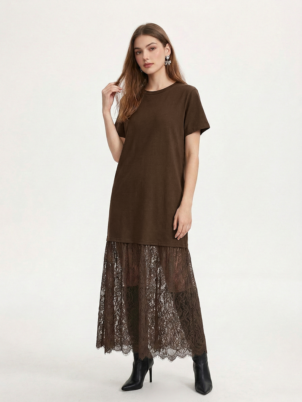 Lace Accent Short Sleeve Maxi Dress