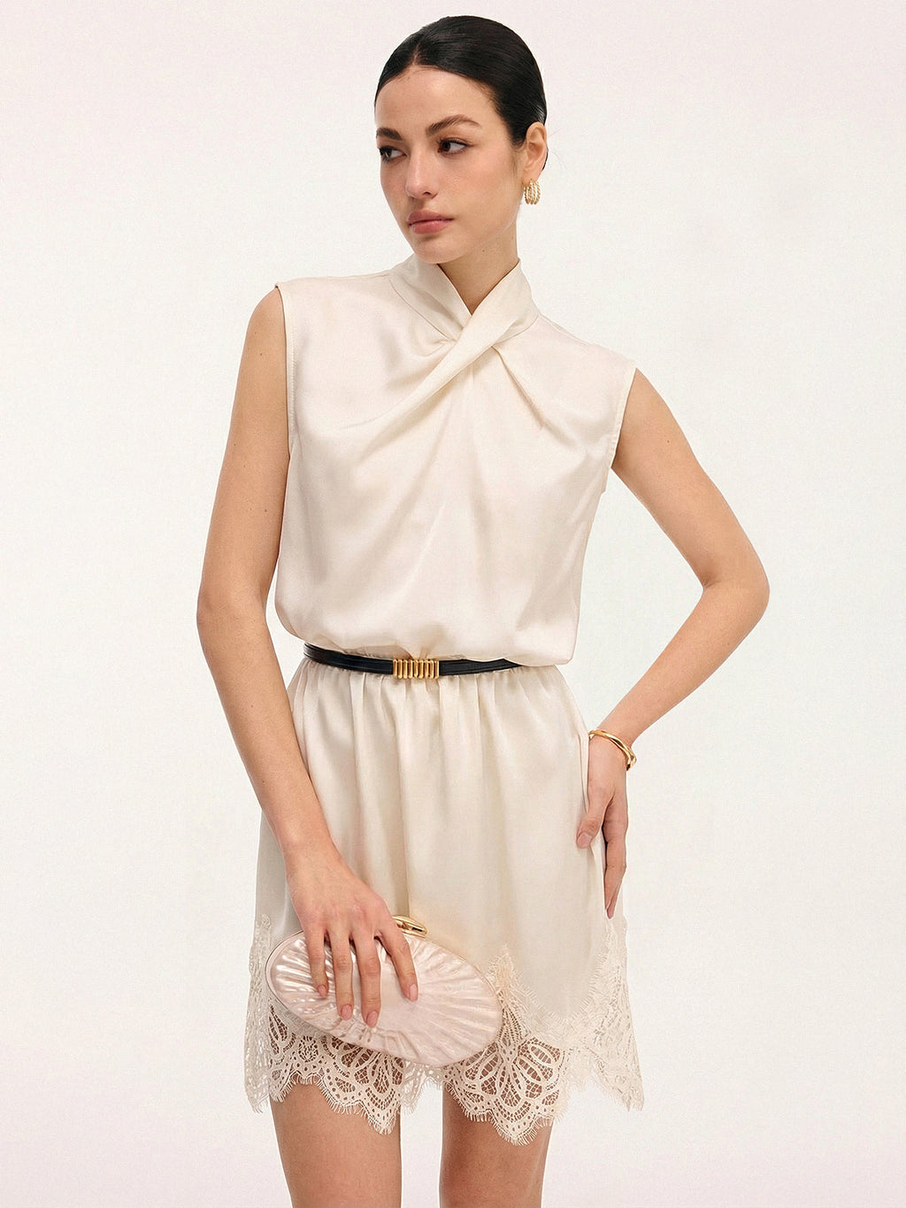 Satin Sleeveless Dress with Lace Trim and Cross Neck