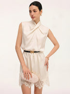 Satin Sleeveless Dress with Lace Trim and Cross Neck