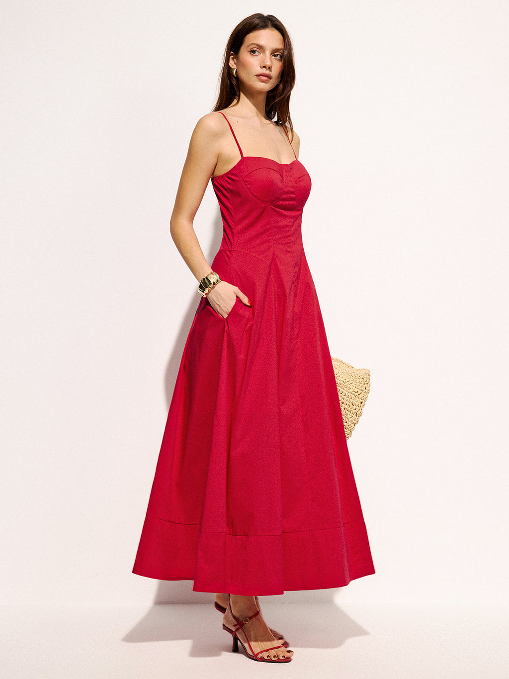 Cotton Blend Maxi Dress with Pockets and Flare