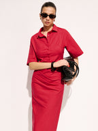 Cotton Pleated Midi Dress with Shirt Detail