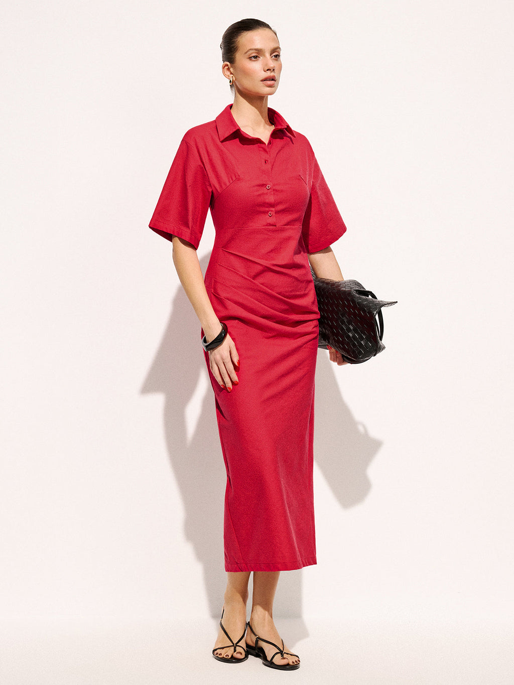 Cotton Pleated Midi Dress with Shirt Detail