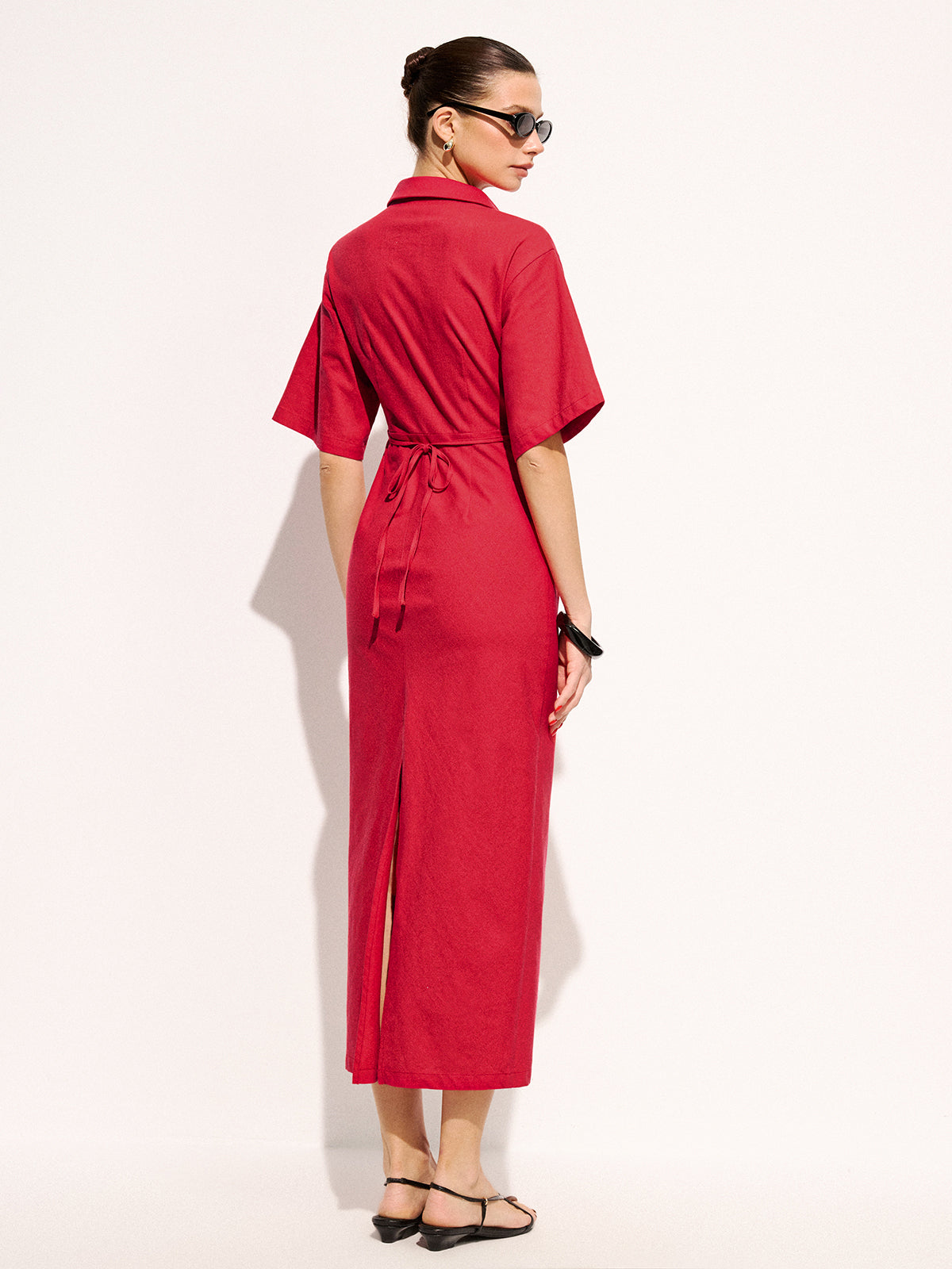 Cotton Pleated Midi Dress with Shirt Detail
