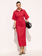 Cotton Pleated Midi Dress with Shirt Detail
