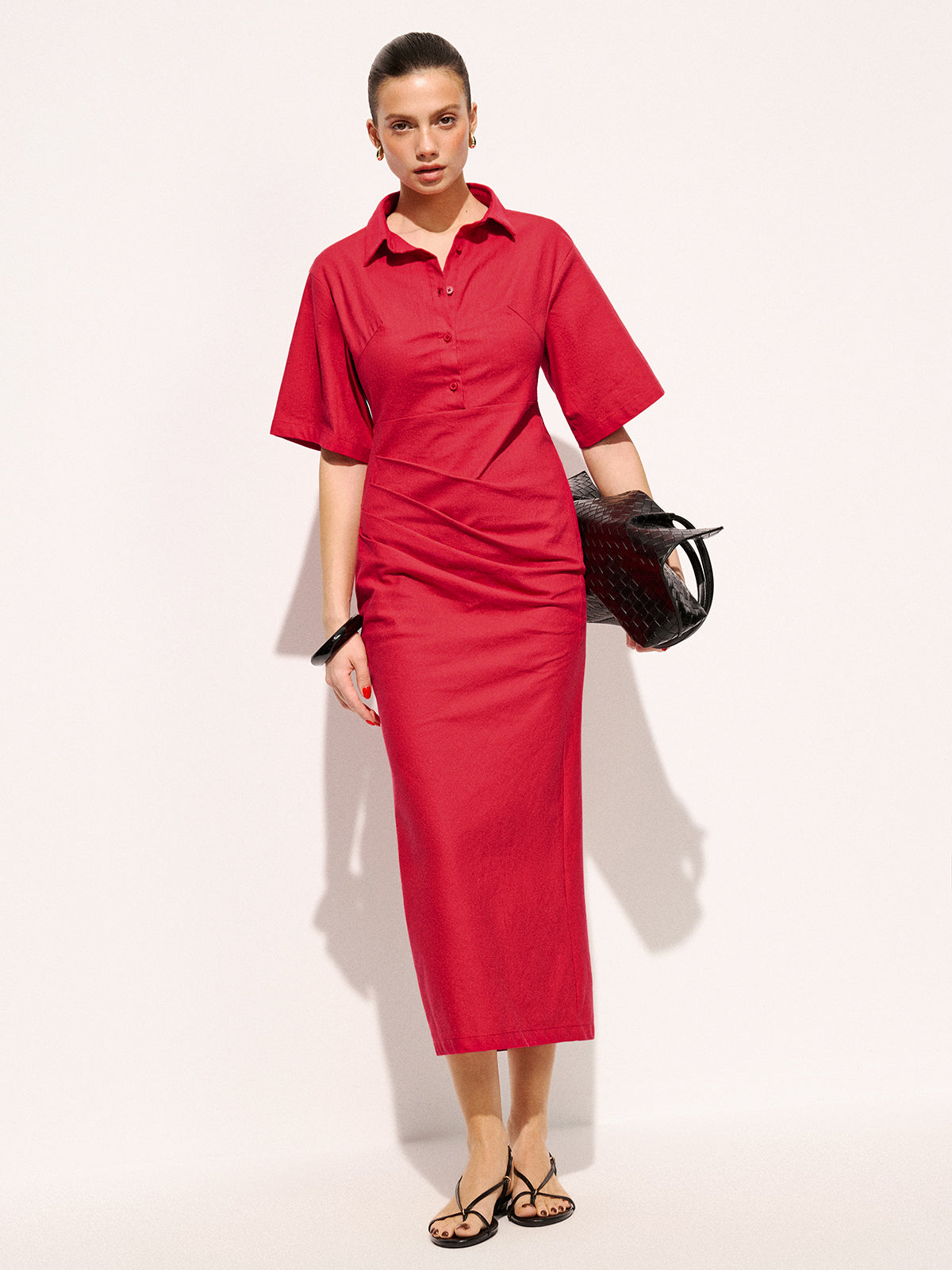Cotton Pleated Midi Dress with Shirt Detail