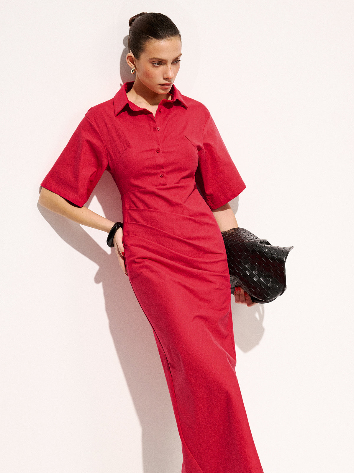 Cotton Pleated Midi Dress with Shirt Detail