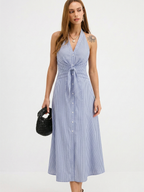 Cotton Stripe Halter Maxi Dress with Tie Waist