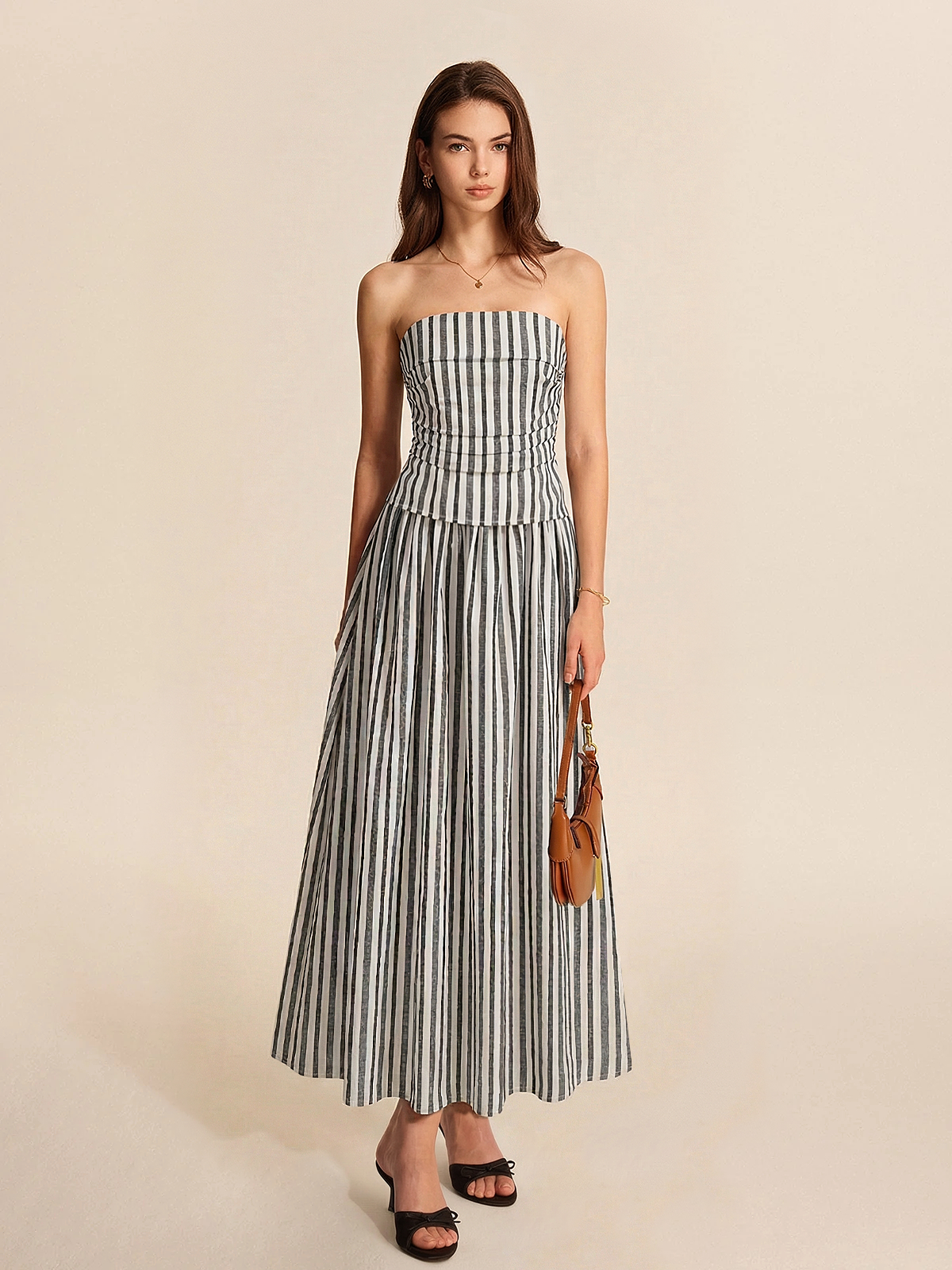 Striped Cotton Linen Dress with Strapless Ruched Design