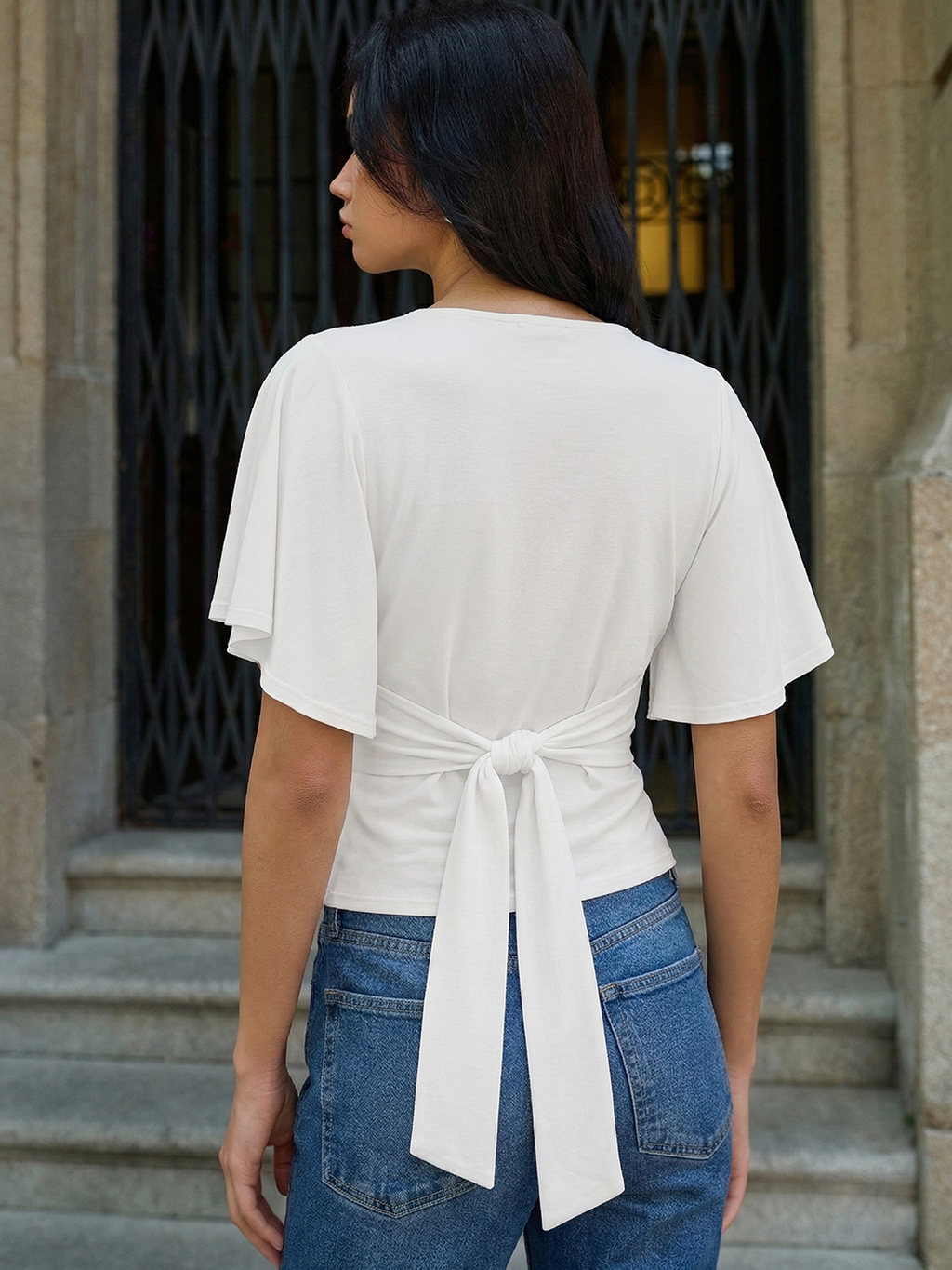 Short Sleeve Top with Elegant Back Tie Detail