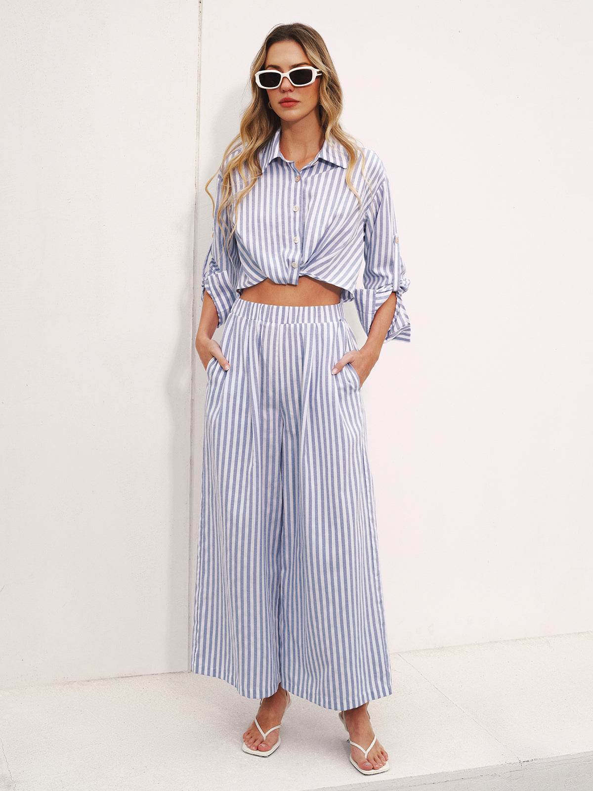 Striped Collared Jumpsuit with Wide Legs