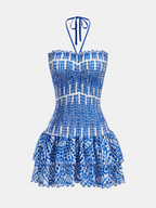 Halter Mini Dress with Smocked Embroidery and Layers