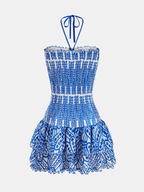 Halter Mini Dress with Smocked Embroidery and Layers
